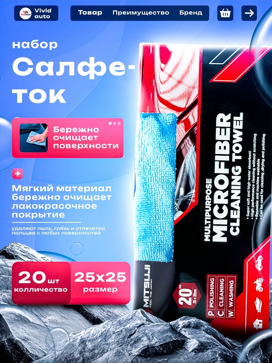 Mitsuji Набор салфеток из микрофибры 25*25 см. 20 шт. FDPK020